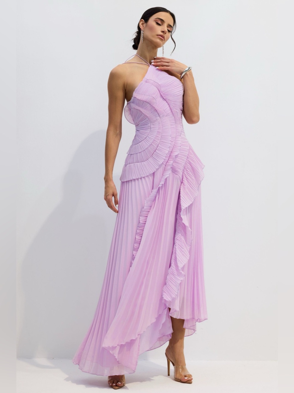 NEW Sunfere Purple Nina Asymmetrical Pleated Halterneck Maxi Dress